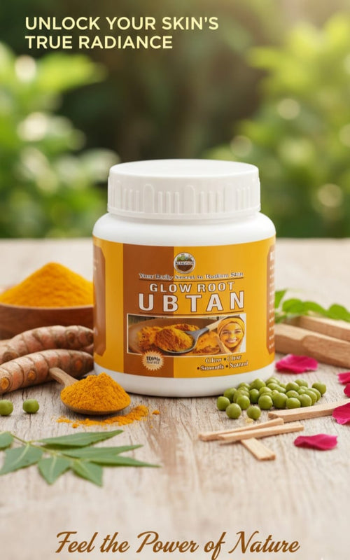 “Glow Root Ubtan herbal face pack made with multani mitti, sandalwood, neem, and rose petals